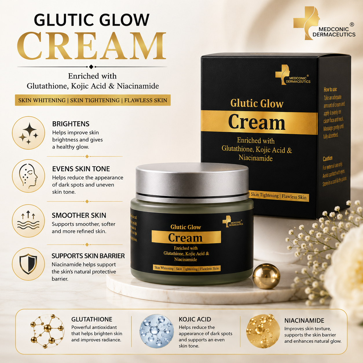 Glutic Glow Cream with Glutathione, Kojic Acid & Niacinamide – 50 g