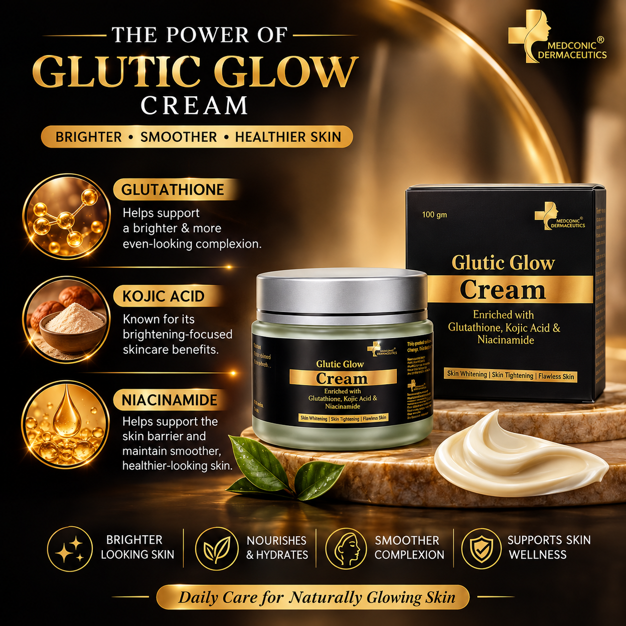 Glutic Glow Cream with Glutathione, Kojic Acid & Niacinamide – 50 g