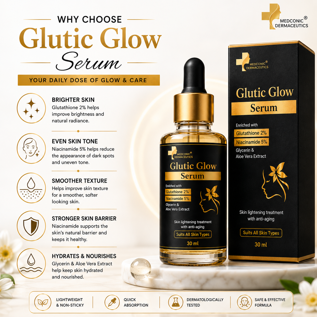 Glutic Glow Serum with Glutathione 2% & Niacinamide 5% – 30 ml